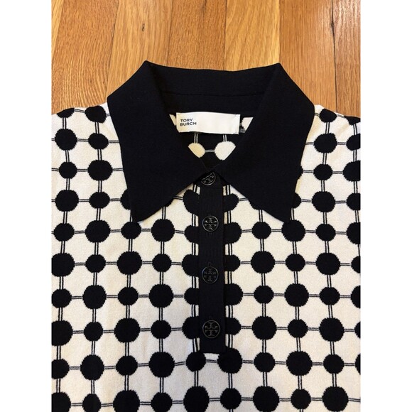 Tory Burch Jaquard Midi Polo Dress Black White Dots Belted Pleated A Line Size M - Picture 4 of 8